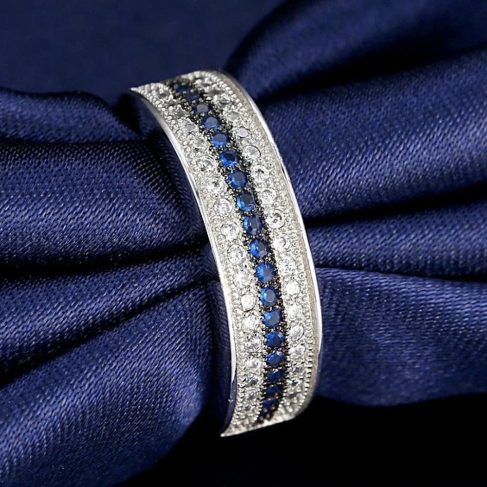 💥925 Silver Plated 3A CZ Blue & White Color Micro Paved Ring, GPMB1489